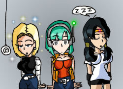  android_18 antenna black_hair blonde_hair breasts brokenteapot bulma_briefs dazed dragon_ball empty_eyes female_only femsub green_hair headphones hypnotic_accessory large_breasts long_hair pendulum short_hair sleeping spiral_eyes standing standing_at_attention symbol_in_eyes tech_control videl 