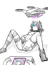 ahoge alice_(er-ikaa) blue_hair bottomless breasts camera collar drone empty_eyes erect_nipples expressionless femsub glowing glowing_eyes lying masturbation monochrome multicolored_hair myuk open_mouth original pussy remote_control short_hair small_breasts socks spread_legs spread_pussy tech_control thighhighs topless traditional