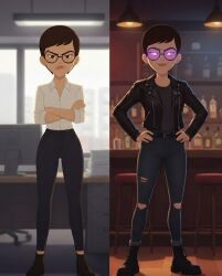ai_art angry black_hair carmen_sandiego clothed crossed_arms female_only femsub glasses glowing glowing_eyes happy_trance jacket jeans julia_argent_(carmen_sandiego) leather looking_at_viewer office_lady purple_eyes short_hair smirk solo standing zupern0va_(manipper)