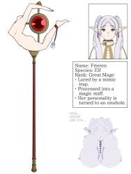  anus breasts censored clothed dialogue elf elf_ears english_text female_only femsub frieren frieren:_beyond_journey's_end green_eyes kontolodon nipples nude personality_excretion pussy simple_background solo staff text transformation twintails white_background white_hair 