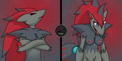 before_and_after bottomless breasts female_only femsub furry happy_trance large_breasts long_hair multicolored_hair nintendo nude open_mouth ordeper_arts original pokemon pokemon_(creature) red_hair spiral_eyes symbol_in_eyes tongue topless zoroark 