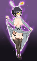 absurdres ardentataxia black_hair blush breasts breasts_outside bunny_ears choker clothed_exposure dress empty_eyes fake_animal_ears femsub glowing glowing_eyes goth happy_trance kingdom_hearts large_breasts open_clothes pussy short_hair steam xion_(kingdom_hearts) yellow_eyes