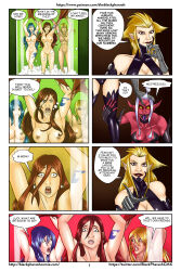 absurdres blonde_hair blue_hair bottomless breasts comic corruption demon elf_ears erza_scarlet fairy_tail female_only femdom femsub juvia_loxar kyouka_(fairy_tail) large_breasts long_hair lucy_heartfilia mirajane_strauss multiple_girls nude red_hair tattoo text theblackpharaoh topless