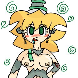  antanny_(frantheflan) antenna blonde_hair breasts clothed_exposure drool earrings female_only femsub green_eyes hypnotic_accessory looking_at_viewer open_mouth original solo spiral spiral_eyes tech_control umasillynsfw 