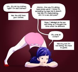 altered_perception blue_eyes blue_hair business_suit consensual dina-m femsub high_heels jack-o_pose marinette_dupain-cheng meme miraculous_ladybug text thighhighs twintails unaware yoga