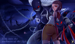 ass bare_shoulders bat breasts brown_hair chains claws corruption demon_girl digimon digimon_adventure_02 evil_smile female_only femdom femsub happy_trance kari_kamiya ladydevimon large_breasts long_hair looking_at_viewer monster_girl night rattan_tsai red_eyes short_hair silver_hair smile text white_hair wings