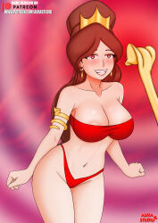  aurastudio bikini brown_hair cara_(bewitchingcara) earrings female_only femsub harem_outfit original red_eyes staff 