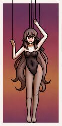 blush breasts brown_hair bunnysuit cleavage drool empty_eyes female_only femsub genshin_impact happy_trance httpwwwcom hu_tao human_puppet long_hair open_mouth puppet simple_background solo standing