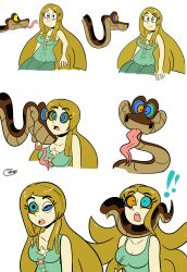 absurdres barefoot blonde_hair breasts comic dazed disney dress drool femsub happy_trance hypnotic_eyes kaa kaa_eyes large_breasts long_hair lucetta_tamora maledom open_mouth original penken simple_background smile snake the_jungle_book white_background