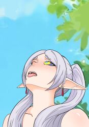 absurdres blush collarbone earrings elf_ears eyebrows_visible_through_hair eyelashes frieren frieren:_beyond_journey&#039;s_end kaa_eyes lewdlygod1 long_hair meme multicolored_eyes no_bra nude open_mouth outdoors tongue tongue_out topless trees unaware white_hair