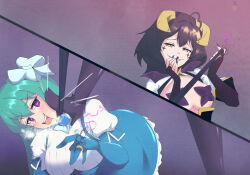 ahoge all_fours black_hair blush bow_tie cleavage cleavage_cutout collar defeated dress evil_smile eyebrows_visible_through_hair face_paint female_only femdom femsub fingerless_gloves gojulas green_hair grey_background hair_ornament hair_ribbon happy_trance heart_eyes high_heels horns hypnotic_accessory latex leash long_hair looking_up_to_magical_girls magical_girl nail_polish opera_gloves pasties purple_eyes ring sayo_minakami short_hair skirt smile star_pasties stepped_on thighhighs tight_clothing underboob utena_hiiragi yellow_eyes