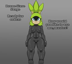  alternate_costume blue_eyes bodysuit breasts cameltoe dialogue drone english_text expressionless femsub furry latex neyfufu nipples sonic_the_hedgehog_(series) surge_the_tenrec tagme tenrec_girl text tight_clothing 