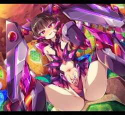  bare_shoulders black_hair blush cameltoe corruption crotch_tattoo female_only femsub finger_to_mouth flat_chest gloves hair_ornament happy_trance heart heart_eyes hypnotic_accessory ishiii666 magical_girl midriff navel open_mouth opera_gloves red_eyes senki_zesshou_symphogear shirabe_tsukuyomi short_hair smile solo spread_legs symbol_in_eyes tech_control thigh_boots thighs 