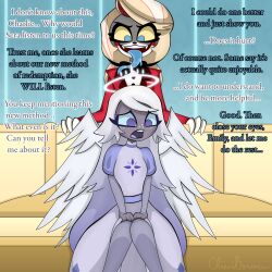 alternate_color_scheme angel angel_girl blonde_hair blue_eyes blue_sclera charlie_(hazbin_hotel) chieri_(chieribounce) chieribounce dialogue dress emily_(hazbin_hotel) english_text evil_smile eye_color_change female_only femdom femsub halo hazbin_hotel open_mouth original possession purple_eyes sitting slime smile suit text tongue tongue_out white_hair yellow_sclera