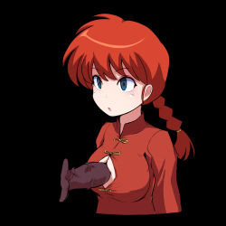  bangs batta18th blue_eyes blush braid breasts clothed clothed_paizuri empty_eyes expressionless eyebrows_visible_through_hair eyeshadow female_only femsub large_breasts martial_arts_uniform open_clothes open_mouth paizuri penis phantom_penis ponytail ranma_1/2 ranma_saotome red_hair simple_background veins 