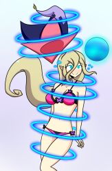  absurdres accidental_hypnosis blonde_hair bra breasts female_only femsub glowing glowing_eyes happy_trance hypnotic_magic hypnotic_orb long_hair magic magilou_(tales) midriff self_hypnosis simple_background solo sortish spiral tales_of_(series) tales_of_berseria underwear witch_hat 