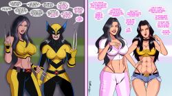  abs ass before_and_after bimbofication black_hair breasts cameltoe cleavage dialogue female_only femsub green_eyes jean_shorts leggings lollipop long_hair marvel_comics midriff milf mother_and_daughter multiple_girls multiple_subs open_mouth polmanning smile text tongue x-23 x-men 