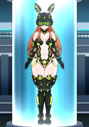 absurdres breasts bunny_ears fake_animal_ears female_only femsub futaba_sakura happy_trance helmet long_hair navel orange_hair persona_(series) persona_5 small_breasts smile solo spiral_eyes standing stasis_tank tech_control thighhighs visor yensh