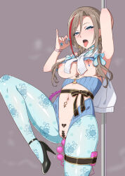  ahegao altered_common_sense anal_beads armpits blue_eyes bodysuit brown_hair censored cleavage dancing empty_eyes erect_nipples female_only femsub gozaru heart high_heels kurusu_natsume large_breasts long_hair navel nijisanji nipple_piercing open_mouth pov_dom solo stripper tattoo tongue_out torn_clothes virtual_youtuber 