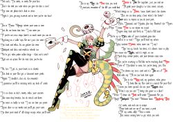 caption caption_only femdom gloves green_hair hat high_heels lizard_girl long_hair manip monster_girl multicolored_hair nelnal obscenario_(manipper) open_mouth pov pov_sub tail text thighhighs white_hair yellow_eyes