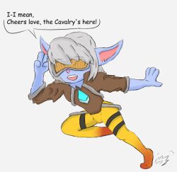 alternate_costume clothed crossover female_only femsub grey_hair identity_swap league_of_legends open_mouth overwatch short_hair simple_background solo tech_control text tracer tristana_(league_of_legends) violetriot yordle