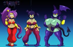  absurdres before_and_after breast_expansion breasts corruption dark_skin elf_ears female_only femsub happy_trance helmet huge_breasts long_hair open_mouth ponytail prinnydood purple_hair sequence shantae shantae_(series) smile transformation 