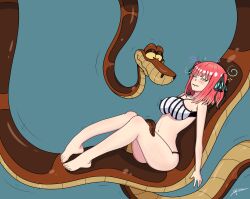 absurdres alternate_costume bare_legs barefoot black_eyes blue_background blush breasts coils crossover disney erect_nipples erect_nipples_under_clothes feet femsub happy_trance kaa kaa_eyes legs lying maledom midriff navel nino_nakano pandroso red_hair simple_background smile snake spiral story symbol the_jungle_book the_quintessential_quintuplets yellow_sclera