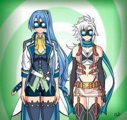  alerith bare_shoulders blue_hair breasts clothed female_only femsub fie_claussell goggles happy_trance hypnotic_accessory hypnotic_clothing large_breasts laura_s_arseid long_hair midriff navel ponytail smile spiral_background the_legend_of_heroes the_legend_of_heroes_trails_of_cold_steel thighhighs thighs very_long_hair white_hair 
