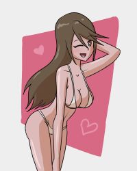  agnes_oblige bare_legs bikini bravely_default breasts brown_eyes brown_hair cleavage female_only femsub hand_on_head happy_trance heart heart_eyes leaning_forward looking_at_viewer micro_bikini mythkaz navel one_eye_open simple_background solo standing symbol_in_eyes tagme very_long_hair white_background wink 