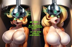  ai_art bandicoot_girl blonde_hair bra breasts cleavage coco_bandicoot crash_bandicoot_(series) dialogue drool electricity expressionless female_only femsub furry helmet huge_breasts lipstick long_hair makeup mantra multiple_girls multiple_subs open_mouth orange_skin red_lipstick sitting tawna_bandicoot tech_control text thehypnopotamus 