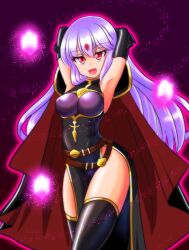  alternate_costume arms_above_head aura breasts cape corruption crystal evil_smile femsub fire_emblem fire_emblem_genealogy_of_the_holy_war floating gloves glowing happy_trance julia_(fire_emblem) large_breasts long_hair looking_at_viewer loptous_(fire_emblem) magic maledom nintendo open_mouth opera_gloves possession purple_background purple_hair red_eyes shoulder_pads smile thick_thighs thighhighs thighs toya 