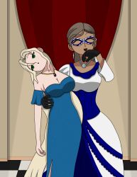  blonde_hair brown_hair clothed dark_skin dazed dress drool earrings empty_eyes esbypno female_only femdom femsub freckles gloves green_eyes iris_(esbypno) laughing limp mask necklace open_mouth original standing vanessa_van_heeren_(amyadcover) very_long_hair 