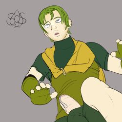 clothed_exposure cum dioforce fingerless_gloves fire_emblem fire_emblem_the_binding_blade glowing_eyes green_hair grey_background lugh_(fire_emblem) male_only malesub nintendo penis solo