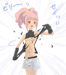 anya_alstreim aoi_he_nyahiko breasts code_geass femsub geass gloves glowing glowing_eyes happy_trance large_breasts navel pink_hair ponytail red_eyes short_hair shorts small_breasts topless torn_clothes