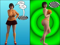 3d black_hair comic dialogue female_only femsub glasses happy_trance lingerie scooby-doo_(series) skirt solo spiral_eyes sweater symbol_in_eyes text theheckle underwear velma_dinkley