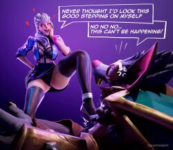  3d angry black_hair body_swap breasts clothed demon_girl dialogue english_text evelynn_(league_of_legends) femsub furry gradient_background grey_hair heart heterosexual high_heels large_breasts league_of_legends maledom rat_boy smile stepped_on succubus swapperboy symbol text twitch_(league_of_legends) yellow_eyes 