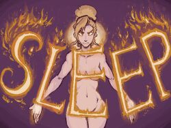 artist_request blonde_hair bottomless breasts female_only femdom glowing glowing_eyes large_breasts nude prequel sigrid_(oblivion)  text the_elder_scrolls topless