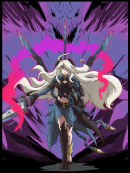 ahoge ailheim alternate_color_scheme alternate_costume alternate_form alternate_hair_color alternate_hairstyle aura bahamut_(dragalia_lost) bare_legs belt black_eyes black_skin breasts cleavage cleavage_cutout corruption cygames dragalia_lost dragon dragon_girl evil_smile femsub fusion ghost glowing grey_eyes hair_covering_one_eye horns large_breasts legs long_hair nintendo open_mouth possession scales skirt standing sword thighs weapon white_hair zethia