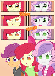 apple_bloom blush bondage comic dazed drool empty_eyes equestria_girls expressionless female_only femsub hair_ribbon happy_trance long_hair multicolored_hair multiple_girls multiple_subs my_little_pony open_mouth personification pink_hair purple_hair red_hair scootaloo short_hair smile sweetie_belle text trigger tunberuku