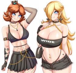  anisdrawn blonde_hair blush breasts brown_hair cleavage collar cross crown earrings female_only femsub fingerless_gloves fishnets gloves glowing glowing_eyes goth gothification hair_covering_one_eye happy_trance huge_breasts jean_shorts jewelry large_hips long_hair looking_at_viewer manip misterman4_(manipper) multiple_girls necklace nintendo princess_daisy princess_rosalina short_hair shorts skirt smile spiral_eyes super_mario_bros. symbol_in_eyes tagme tattoo tomboy 