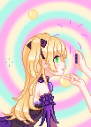  animated animated_gif blonde_hair blush bow bubble chin_hold corset dialogue drool english_text fabius femsub fischl_(genshin_impact) genshin_impact gloves green_eyes hair_ribbon happy_trance hypnotic_screen long_hair opera_gloves phone pixel_art princess smile speech_bubble spiral_background text twintails wholesome 