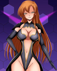  breasts cleavage code_geass corruption evil_smile female_only femsub geass gloves green_eyes happy_trance large_breasts leotard long_hair open_mouth orange_hair parametric shirley_fenette smile 