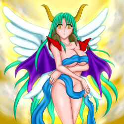 alternate_costume alternate_hairstyle aura bare_legs breast_expansion breasts cleavage corruption empty_eyes femsub final_fantasy final_fantasy_vi fusion glowing green_hair hair_growth horns large_breasts legs long_hair looking_at_viewer midriff naked_ribbon navel ooban ribbon sephirot_the_fiend sophia_the_goddess square_enix terra_branford transformation wings yellow_eyes zurvan_the_demon