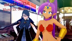  bayonetta bayonetta_(series) black_hair blue_eyes clothed cover cyanstargazer dark_skin english_text female_only genie glasses mole multiple_girls nintendo ponytail purple_hair shantae shantae_(series) short_hair super_smash_bros. text 
