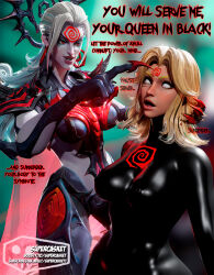  3d aura blender blonde_hair bodysuit cape corruption dialogue english_text eye_color_change facial_markings fantastic_four femdom femsub hair_color_change hela latex marvel_comics marvel_rivals possession red_eyes speech_bubble spider-man_(series) spiral supercasket susan_storm symbiote symbol text white_hair whitewash_eyes 