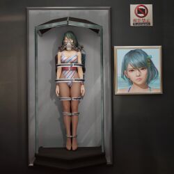  3d belt breasts cleavage closed_eyes corruption cuffs dead_or_alive esccc feet female_only femsub gas_mask green_hair multicolored_hair pantyhose restrained short_hair sign sleeping sleepy solo swimsuit tamaki_(dead_or_alive) text wufan870203 