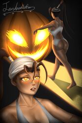  ass bare_legs bare_shoulders barefoot brown_hair capcom femsub glowing_eyes hypnotic_light ibuki jack_o'_lantern jandoodlefier lingerie orange_eyes ponytail pumpkin street_fighter zombie_walk 