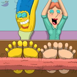 barefoot blue_hair blush dress family_guy feet femsub happy_trance lois_griffin marge_simpson milf multiple_girls necklace open_mouth orange_hair paladin_galahad smile sweat the_simpsons tickling yellow_skin