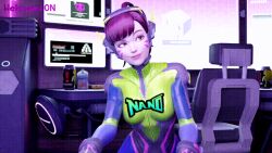  3d alternate_costume animated animated_gif bodysuit breasts brown_hair clothed collar d.va female_only femsub headphones hypnotic_accessory open_mouth overwatch saluting smile tech_control text tongue vynil 