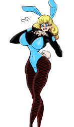  blonde_hair blue_eyes breasts bunny_ears bunny_girl bunnysuit femsub gguy123 large_breasts original patricia_jefferson/magitech_yellow_(drgnmastralex) persona_(series) persona_5 resisting shadow_bunny simple_background sweat symbiote transformation white_hair 